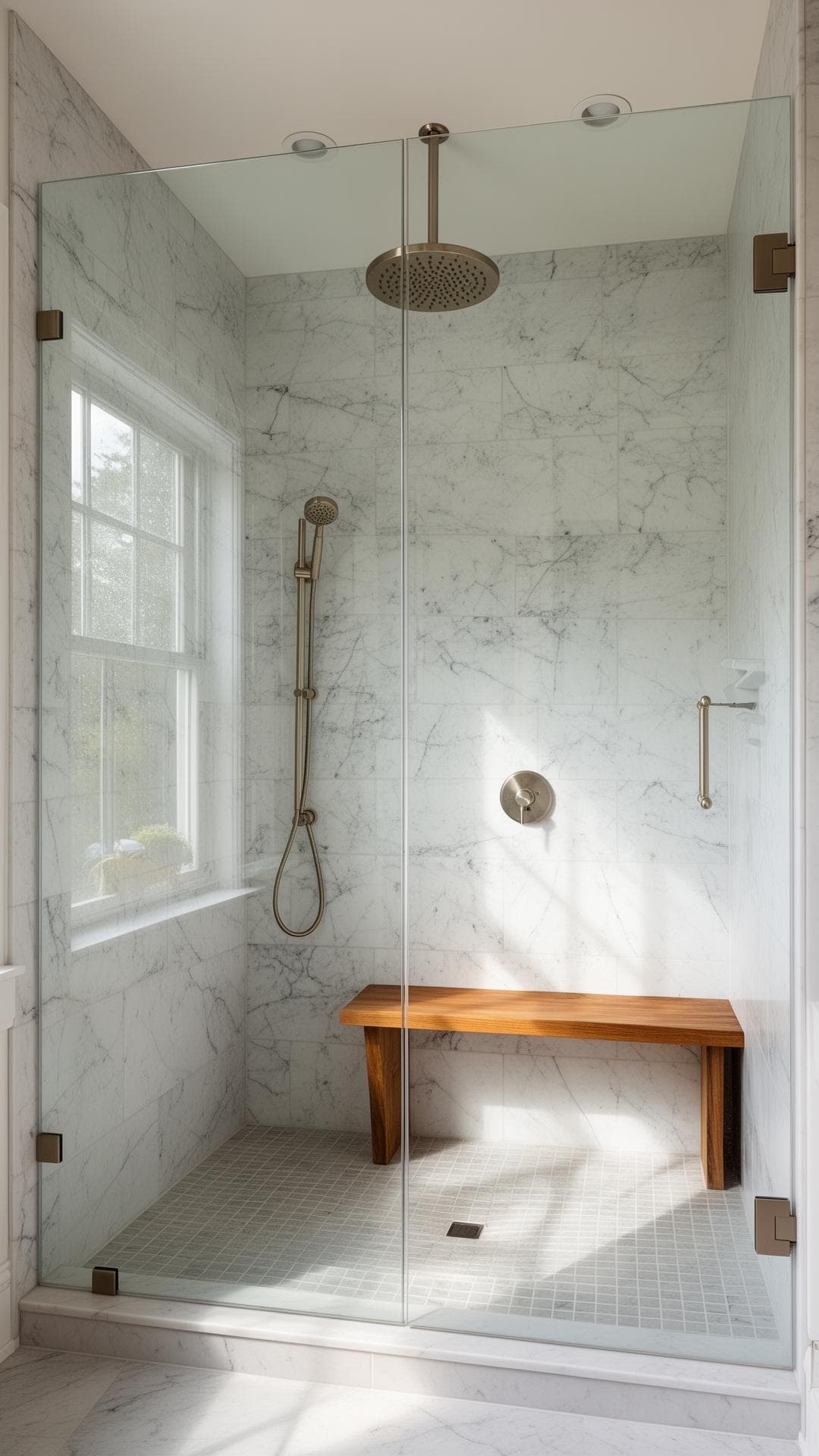 Modern primary bathroom remodel with frameless walk-in shower and floating vanity, Orlando FL